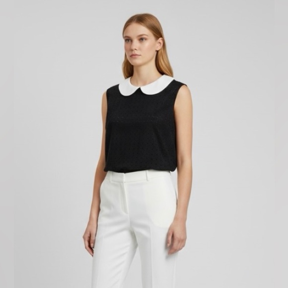 Cynthia Rowley Medium Sleeveless Top Peter Pan Collar Eyelet Black Blouse‎